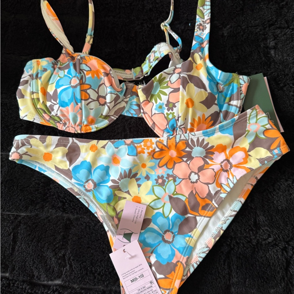 Floral Bikini Set with Blue and Orange Accents